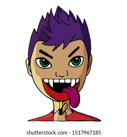 Vector illustration. Cheerful boy in a mask with a crazy monster smile, with big teeth and tongue out, cartoon style. Halloween.
