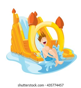 Vector illustration of cheerful boy rides on water hills. Picture isolate on white background