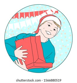 Vector illustration of cheerful boy in Santa hat, with gifts in hands on Christmas party, in circle shape. 