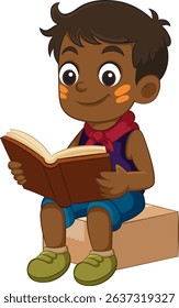 Vector illustration of a cheerful boy sitting and reading a book. Bright colors and playful style enhance the engaging scene