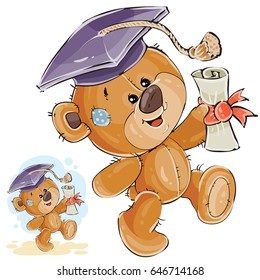 Vector illustration of a cheerful brown teddy bear in the graduation cap holding in his paw a university diploma. Print, template, design element