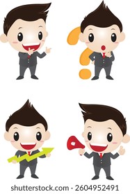 Vector illustration of a cheerful business mascot man in a suit and red tie, expressing various emotions and business concepts.