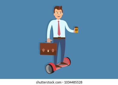 Vector illustration of cheerful businessman with coffee and handbag on hoverboard. New transportationtechnology concept. Eps flat horizontal image.