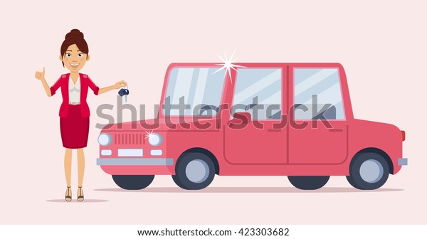 Vector illustration of a cheerful\
businesswoman standing near a new car and holding car key. Car\
seller, dealer, lottery winner. Flat style vector\
illustration