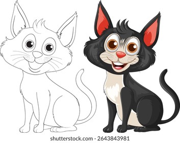 Vector illustration of a cheerful cartoon cat with bold colors and an outlined version, highlighting expressive features and playful style