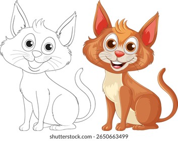 Vector illustration of a cheerful cartoon cat with vibrant colors and a detailed outline sketch. Perfect for children's media