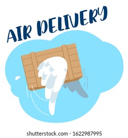 Vector illustration of a cheerful cartoon character an airplane takes off with a load to deliver a parcel. Stylized airplane rises into the sky in the clouds with a smile. Illustration about aviation