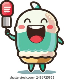 A vector illustration of a cheerful cartoon character with a microphone in hand