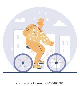 A vector illustration of a cheerful cartoon character cycling through a busy urban cityscape. Ideal for websites, children's books, advertising, and projects needing a fun, 