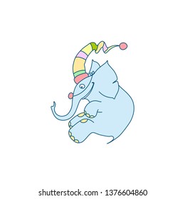 Vector illustration of cheerful cartoon elephant clown with colorful hat and toy nose. Cute character