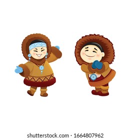 Vektorillustration-Illustration einer fröhlichen Cartoon Eskimo-Frau mit einem nationalen blauen türkisfarbenen Ornament auf ihrem Kopf in einem warmen Pelzmantel mit blauen Fingern, die mit einem indischen Chukchi-Ehemann, der mongolischen Familie sprechen