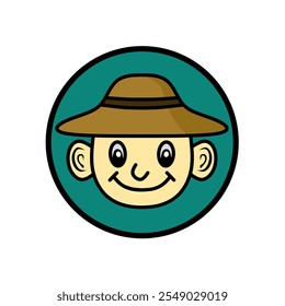 Vector illustration of a cheerful cartoon face wearing a brown hat is in the center of the circular logo design. The green background adds a cheerful and friendly feel.