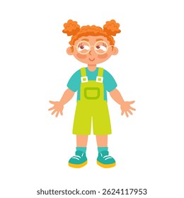 vector illustration of a cheerful cartoon girl with red hair wearing glasses. She is dressed in a blue shirt and green overalls, standing confidently with a sly smile, exuding playful personality