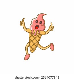 Vector illustration of a cheerful cartoon ice cream character with arms, legs and two thumbs up expressing happiness and energy through jumping and cheering.
