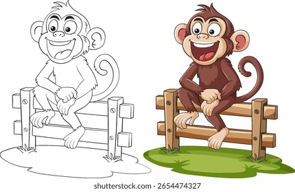 Ilustração vetorial de um macaco animado sentado em uma cerca de madeira, mostrado em cores e estilos de contorno preto-e-branco, design plano