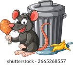Vector illustration of a cheerful cartoon rat holding chicken near a metal trash can with a banana peel and water puddle
