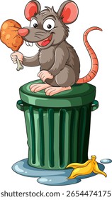 Ilustração vetorial de um alegre rato de desenho animado segurando frango enquanto sentado em cima de uma lata de lixo verde, com uma casca de banana e poça abaixo