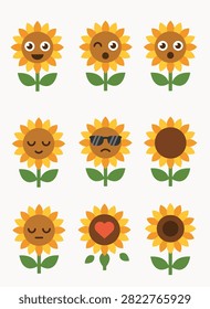 Vector illustration of cheerful cartoon sun faces with varied expressions and eyes