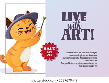 Vector illustration of a cheerful cat in a hat holding a brush. Banner with a 50% discount on art courses or creative supplies  

