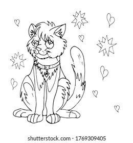 Vector illustration with cheerful cat isolated on white background.