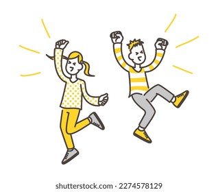 Vector illustration of cheerful children (boy and girl) jumping up and down with smiles on their faces.