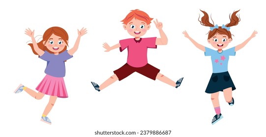Vector illustration of cheerful children jumping. Cartoon scenes with smiling and happy children in different poses: girls waving hands, boys jumping and showing victory signs