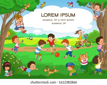 Vector illustration. Cheerful children play in the forest on a summer day. There is room for text in the cloud.