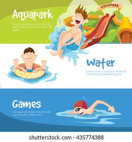 Vector illustration of cheerful childrens rides on water hills. Boy swims in the pool. Set of web banners