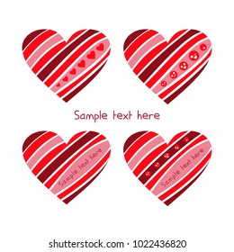 Vector illustration. Cheerful Chocolate striped hearts with hearts. Red, pink, white and chocolate colors.