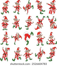 Vector illustration of a cheerful Christmas elf dressed in a red suit, green boots, and a Santa hat. Perfect for holiday designs, Christmas decorations, greeting cards, or seasonal promotions. 