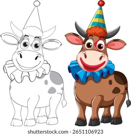 Ilustração vetorial de uma vaca de palhaço alegre em cores vibrantes ao lado de uma versão de contorno em preto-e-branco