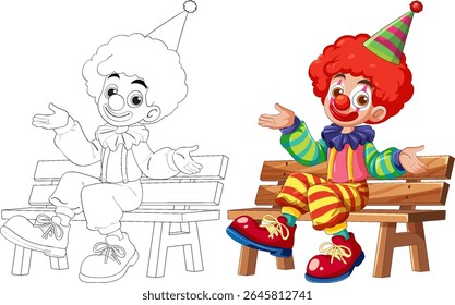 Vector illustration of a cheerful clown with vibrant colors sitting on a bench, showcasing playful and whimsical design elements