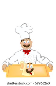 The vector illustration the cheerful cook holds a beer glass.