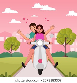 Vector Illustration of Cheerful Couple Riding Scooter on Street Surrounded by Nature View for Happy Valentine's Day and Friendship Day.