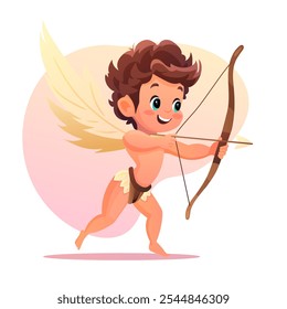 Ilustração vetorial de um Cupido alegre com um arco e flecha em estilo cartoon em um fundo branco, perfeito para o Dia dos Namorados e temas românticos.
