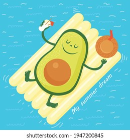Vector illustration of a cheerful and cute avocado hero resting at sea