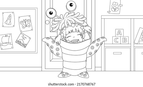 Vector illustration, cheerful cute child dressed in a monster costume for a holiday, coloring book.