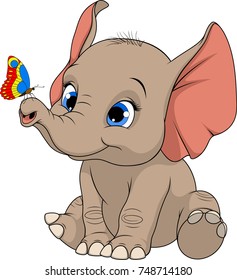 Vector illustration, cheerful cute kid elephant, playing with butterfly