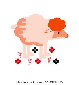 Vector illustration with a cheerful, cute little sheep among the flowers symbolizing the meadow. Flat design.
