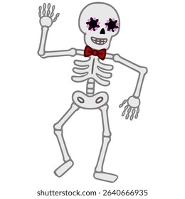 Vector illustration of a cheerful dancing skeleton with floral eye decorations and a red bow tie, perfect for Day of the Dead celebrations or Halloween designs.