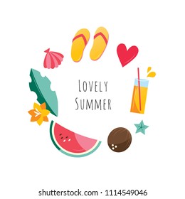 Vector illustration. Cheerful design. Watermelon, beach shoes and a star. Fresh summer vitamin mood. Original use. Isolated.