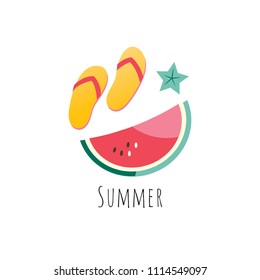 Vector illustration. Cheerful design. Watermelon, beach shoes and a star. Fresh summer vitamin mood. Original use. Isolated.