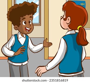 vector illustration of Cheerful diverse kids in school uniform talking
