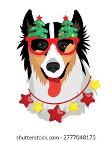 Vector illustration of a cheerful dog wearing Christmas tree-shaped glasses and a star necklace. Isolated on a white background.