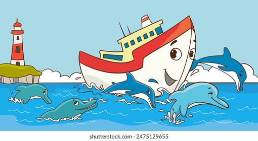 vector illustration of cheerful dolphins swimming in the sea