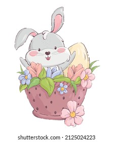 Vector illustration of a cheerful Easter bunny in a flower pot on an isolated background.