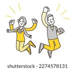 Vector illustration of a cheerful elderly man and woman smiling and jumping for joy.