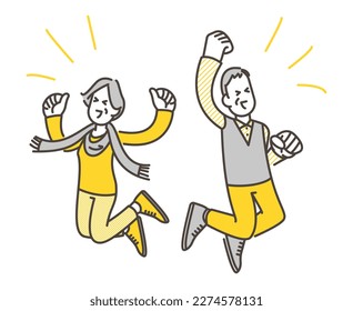 Vector illustration of a cheerful elderly man and woman smiling and jumping for joy.