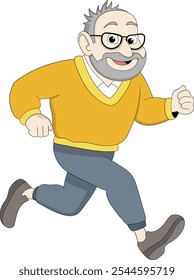 Una Ilustración vectorial de un anciano alegre con gafas, cabello gris y barba, trotando enérgicamente mientras está vestido con un suéter amarillo y pantalones azules.