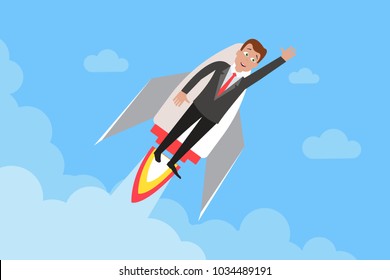 Vector illustration of cheerful excited businessman with hand up flying up on rocket, man with high risky goals targets on a spaceship. Successful adventure dream concept. Eps flat horizontal image
